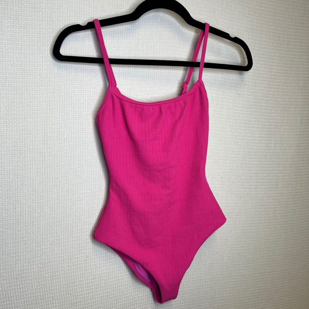 Anais Margaux Hot Pink Crinkle Textured One Piece Swimsuit Square Neck Size S